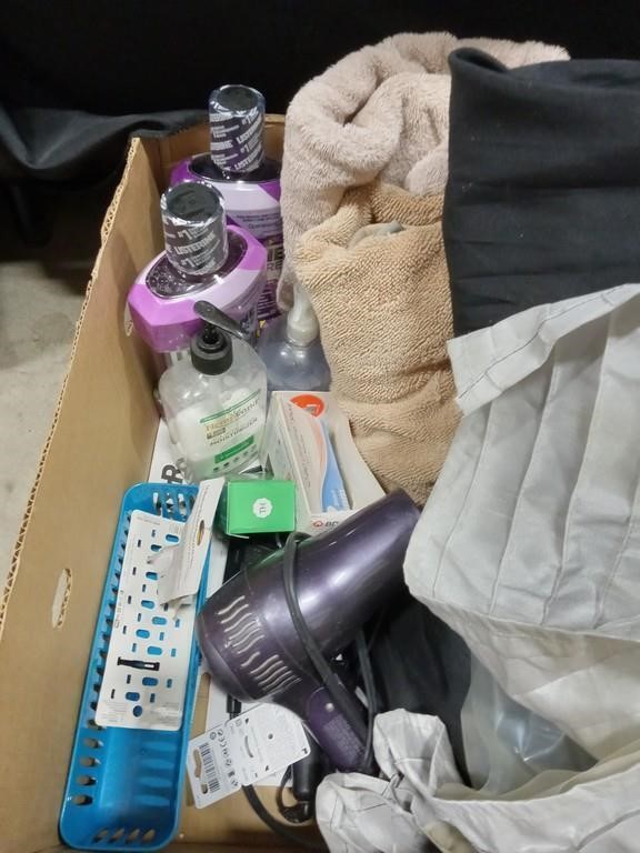 Shower Curtain, Listerine, Towels, Hair Dryer