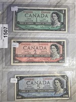 1954 $1, $2, $5 Canadian Paper Bills