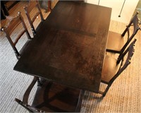 DARK WOOD TABLE WITH FIVE CHAIRS SPIRAL TWIST LEGS