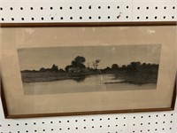 VINTAGE FRAMED LITHOGRAPH OF  POND AND HOUSE -
