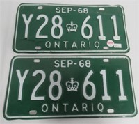 Pair of matching 1968 Ontario license plates.