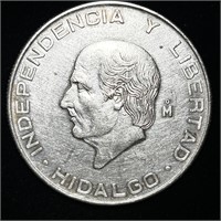 1955 UNC MEXICAN 72% SILVER CINCO PESOS COIN
