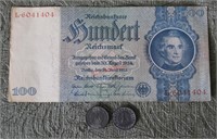 WWII Nazi Germany 100 Reichsmark & 2 Germany Coins