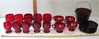 22 Assorted Ruby Red Glasses, Saucers & Bucket