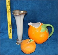 Orange Pitcher & Decorative Orange & a glass Vase