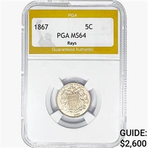1867 Shield Nickel PGA MS64 Rays