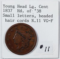 1837 Hd of 38 Sm Letters Large Cent  VG-F