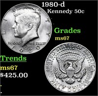 1980-d Kennedy Half Dollar 50c Grades GEM++ Unc