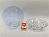 Blue Depression Glass Plate & Cut Glass Bowl