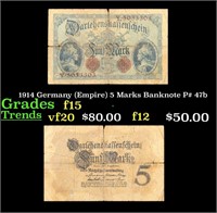 1914 Germany (Empire) 5 Marks Banknote P# 47b f+