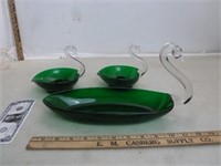 Green Glass Swan Dish & Pair of Green Glass Swan