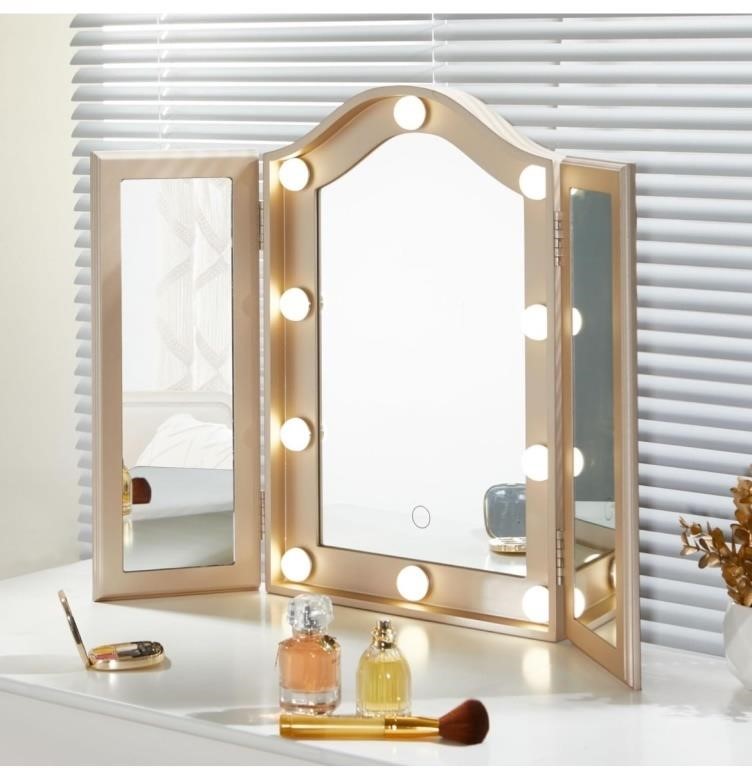LUXFURNI Vanity Lighted Tri-fold Makeup Mirror