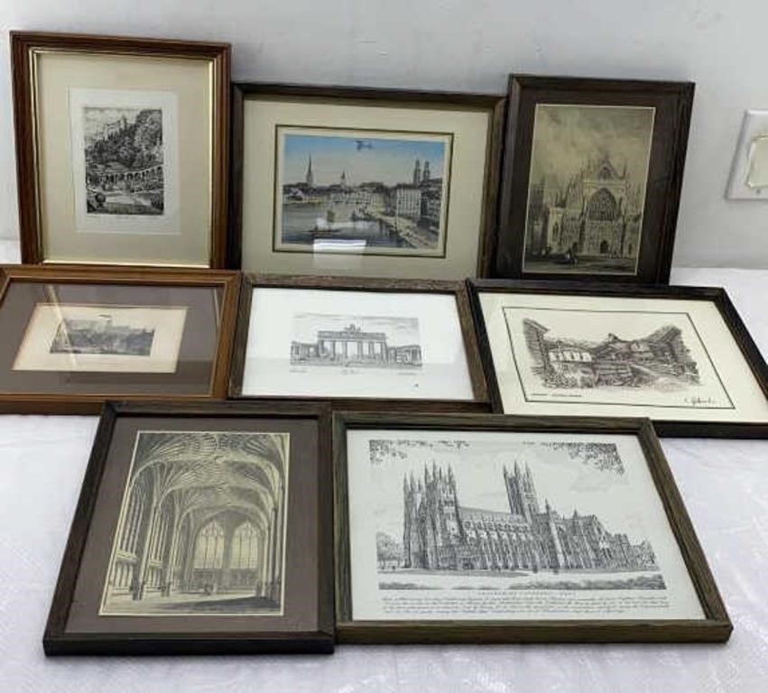 8 antique framed European paintings and