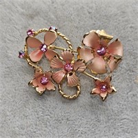 Signed Austria Pink Crystal Enamel Flower Brooch