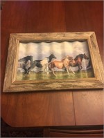 WOOD FRAMED HORSE PICTURE ON TIN CANVAS