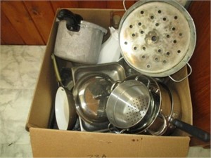 Box of misc pots and pans