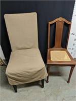 Two dining chairs, one with whicker seat inlay