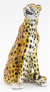 Italian Glazed Ceramic Seated Leopard Sculpture