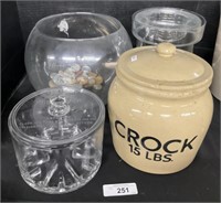 Stoneware Crock, Glass Cheese Keeper, Vase, Bowl.