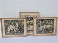 Trio of R. Bergsaker Woodcut Prints
