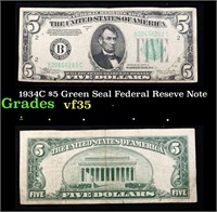 1934C $5 Green Seal Federal Reseve Note Grades vf+