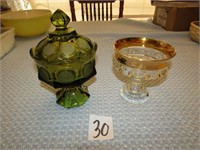 GREEN COIN GLASS CANDY DISH, GOLD TRIM CANDY DISH