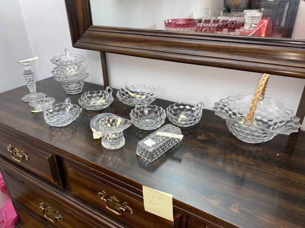LOT OF FOSTORIA GLASS DISHES & CANDLESTICK