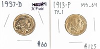 Coin 1913-P & 1937-D Buffalo Nickels-EF