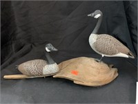 2 MINIATURE CARVED WOOD GEESE ON DRIFTWOOD BY