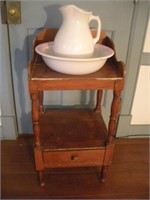 Wooden Wash Stand w/Bowl (Chipped) and Pitcher
