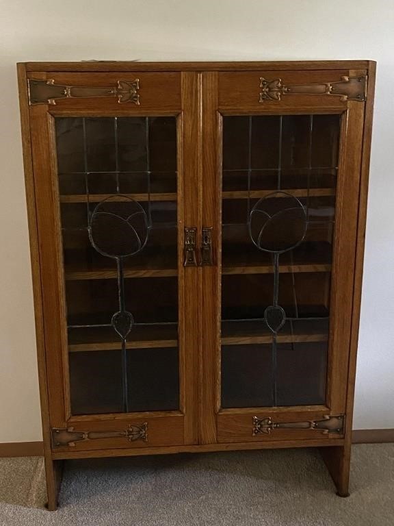 Vintage American Oak & Lead Glass Bookcase/Key