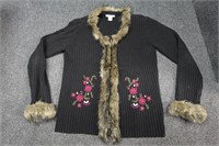 Preston & York Full Zip Sweater Fur Trim Size L