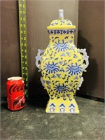 Chinese Blue & Yellow floral lidded vase