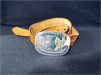 WESTERN STYLE BELT BUCKLE WITH TOOLED LEATHER BELT