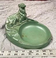 Vintage Whippet Dog Green Spelter Ashtray