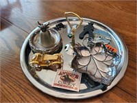 Vintage trays, magnets, crystal automobile, bell
