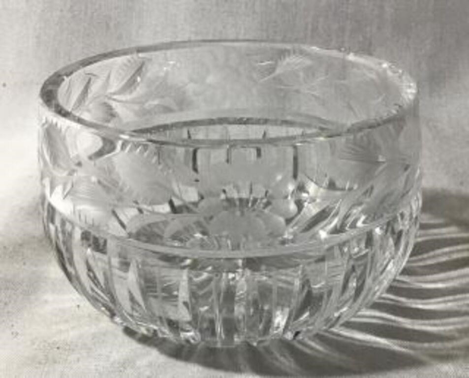 Cut Glass Crystal Bowl w/ Etched Floral Scene