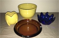 Blenko candy, 2 yellow planters and amber ashtray