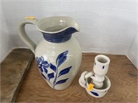 Vintage pottery pitcher and candle holder
