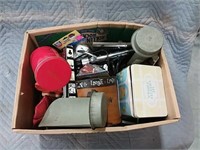 assortment of misc, tins, office supplies