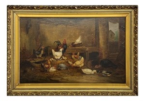 19THC. O/ BD CHICKENS & FOWL IN THE BARN, SIGNED