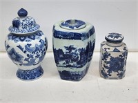 3 Blue and White China Ginger Jars