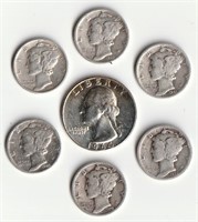 High Grade Silver Coins-1 Quarter, 6 Mercury Dimes