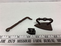 2 miniature sad irons and hook