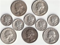 U.S. Silver Coins: 5 Quarters & 5 Mercury Dimes