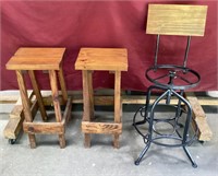 Pair of Wood Stools, Metal Swivel Stool