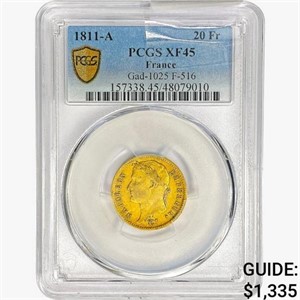 1811-A France 20 Francs .1867oz. Gold PCGS XF45
