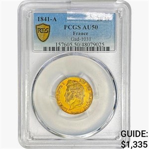 1841-A France 20 Francs .1867oz. Gold PCGS AU50