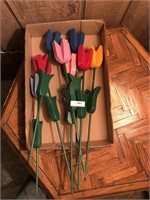 Wood Tulips Flowers Garden Stakes Decor
