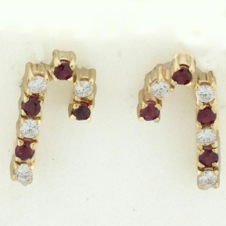 Diamond and Ruby Candy Cane Earrings in 14k Yellow